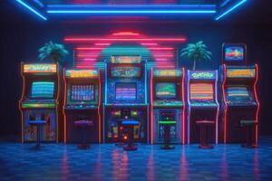 A collection of vintage arcade machines is illuminated by vibrant neon lights in a dimly lit room. photo