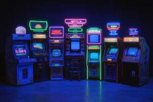 A collection of vintage arcade machines illuminated by vibrant neon lights fills the dark room, showcasing classic games. The nostalgic setup captures the essence of retro gaming culture. photo