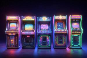 Five retro arcade machines with glowing neon accents sit prominently in a dark space, inviting gamers to enjoy classic titles. The nostalgic atmosphere evokes memories of arcade culture. photo