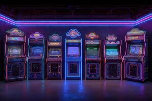 A row of vintage arcade machines displays vibrant neon lights, creating a nostalgic atmosphere. The machines feature various game screens, inviting players to enjoy classic gaming experiences. photo