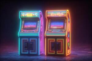 Two classic arcade machines stand side by side, glowing in neon blue and pink hues. The retro design and bright colors create a nostalgic atmosphere in a dimly lit gaming area. photo