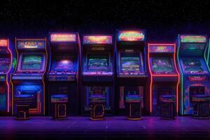 Brightly lit arcade machines line a dimly lit room, showcasing vibrant colors and game graphics. photo