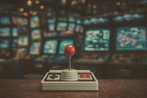 A classic gaming joystick with a red ball sits prominently on a wooden surface. In the background, several vintage televisions display various retro games. The atmosphere evokes nostalgia. photo