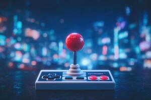 A classic arcade joystick with a bright red ball lever sits on a dark surface, illuminated by colorful city lights in the background. The atmosphere evokes nostalgia for retro gaming. photo