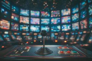 A classic arcade joystick is displayed prominently in the foreground, surrounded by vibrant screens showcasing various retro games in a dimly lit environment, evoking nostalgia. photo