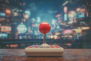 A bright red joystick stands on a white arcade controller with buttons, set against a colorful city skyline illuminated at night. The atmosphere evokes nostalgia and excitement for gaming. photo