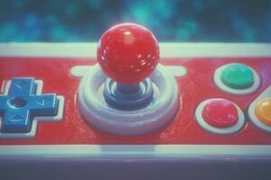 Close-up view of a classic arcade joystick featuring a red ball top, colorful buttons, and a distinct retro design. The scene captures the allure of vintage gaming, evoking nostalgia. photo