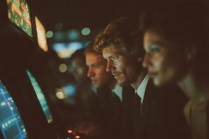 A group of individuals in business attire focuses intently on vintage arcade machines. The atmosphere is dark, with bright screens illuminating their faces, creating a sense of excitement. photo