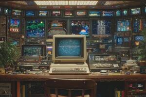 A retro computer sits at the center of a room adorned with numerous screens displaying colorful graphics. Cables, gadgets, and plants complete the nostalgic tech atmosphere, evoking an 80s vibe. photo
