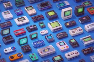 A collection of vintage handheld gaming consoles in an array of colors and styles laid out on a vibrant blue background, showcasing gaming history from various eras. photo