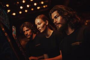 Three friends focus on a colorful arcade game, immersed in the excitement of gameplay. photo