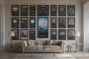 A clean and elegant living space features a wall adorned with a variety of framed vintage game posters, complemented by a decorative sofa and tasteful lamps, creating a nostalgic atmosphere. photo