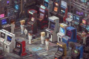 Colorful arcade filled with vintage gaming machines. Pixelated characters dressed in white suits interact amid glowing screens and nostalgic decor. photo