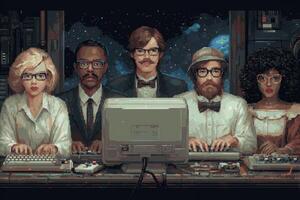 Five individuals, dressed in retro fashion, are focused on typing at keyboards in front of an old computer. The backdrop features a starry sky and planets, creating a space-themed atmosphere. photo