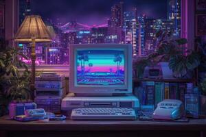 A retro computer sits on a wooden desk surrounded by books and plants. The glowing screen displays a colorful digital landscape, illuminated by city lights at night through the window. photo