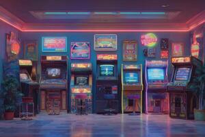 A vibrant arcade game room showcases several vintage gaming machines illuminated by colorful neon lights. photo
