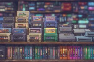 Colorful retro games are lined up on wooden shelves in a gaming store. Various cartridges and boxes showcase popular titles from earlier consoles, creating a nostalgic atmosphere. photo