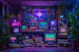 A cozy room filled with various vintage gaming consoles and computers, surrounded by lush plants and illuminated by colorful neon lights, creates a nostalgic and inviting atmosphere. photo
