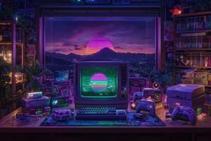 A nostalgic gaming space features a vintage computer displaying a colorful retro sunset. photo