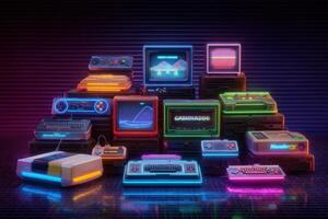 A vibrant display of retro gaming consoles and computers is set against a dark background. Bright neon lights illuminate various vintage devices, giving a nostalgic atmosphere of the gaming era. photo