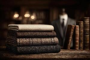 Soft wool fabrics in various shades sit neatly stacked on a rustic wooden table. The background features old books and a tailored suit, creating a sophisticated, warm atmosphere in dim lighting. photo