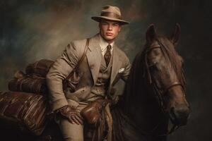 A man in elegant attire sits confidently on a horse, surrounded by travel bags. The atmosphere is rich and dramatic, hinting at an adventurous journey. The man exudes charm and poise. photo