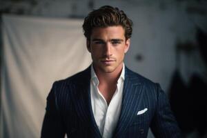 A well-groomed man poses in a stylish, tailored suit with a striped pattern. He stands confidently in an indoor setting, illuminated by soft, diffused lighting that enhances his features. photo