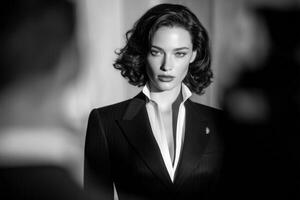 A stylish model with wavy hair showcases a tailored black suit with a prominent collar in a well-lit studio. The stark black and white contrast emphasizes her elegant features. photo