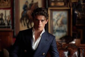 A young man with curly hair wears a tailored dark suit in an ornate room filled with vintage artwork. He projects a strong and confident demeanor, surrounded by rich decor and historical artifacts. photo