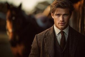 A man dressed in elegant formal wear poses confidently next to a horse in a serene outdoor setting. The warm tones of sunset create an inviting atmosphere, highlighting both subjects. photo