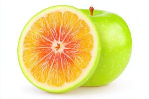 A green apple is displayed alongside a vibrant orange cross-section revealing its bright orange flesh and red core. This striking combination emphasizes the unusual fruit fusion. photo