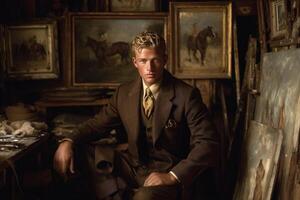 A young man dressed in a tailored suit sits confidently in an art studio, surrounded by vintage horse paintings and various art supplies. The warm lighting enhances the nostalgic atmosphere. photo