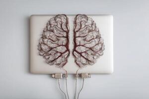A laptop features a unique design made of hair depicting human lungs. Two network cables connect to the device, blending technology and organic shapes in a modern artistic expression. photo