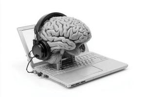 A realistic brain model rests on an open laptop, connected with headphones. This creative representation bridges the gap between human cognition and technology in a unique way. photo