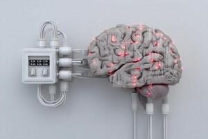 A brain sculpted from gray material is integrated with circuitry and glowing red elements, connected to a control unit. This design represents the intersection of technology and human cognition. photo