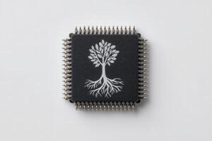 A black microchip is prominently displayed with a white illustration of a tree and roots. This artistic design highlights the connection between technology and nature. photo