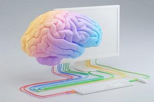 A colorful brain floats above a computer monitor, symbolizing the relationship between human thought and digital technology. Wires in various colors connect the brain to the monitor. photo