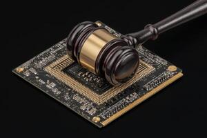 A gavel made of dark wood and gold strikes a black computer chip on a black background. This unique composition symbolizes justice in technology, merging legal and tech themes. photo