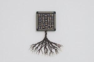 A detailed view of a microchip with intricate circuits at the top, while dark, root-like formations extend downward. This representation blends technology with organic elements in a unique way. photo