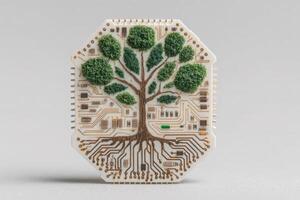 A unique circuit board features an intricate design of a tree, symbolizing the harmony between nature and technology. The tree is adorned with green foliage, capturing attention. photo