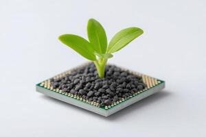 A computer chip serves as the base for a small green plant sprouting from a mound of tiny black seeds, symbolizing the union of technology and nature in a unique way. photo