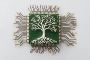 A detailed circuit board features a white tree design that contrasts against a green background. The intricate pathways of the board extend outward, merging technology with natures beauty. photo