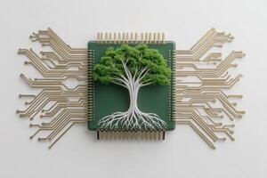 A green tree with extensive roots is placed on a circuit board surrounded by golden pathways. The image symbolizes the connection between nature and technology, highlighting sustainability. photo
