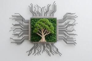 A detailed depiction of a tree emerging from a circuit board, symbolizing the connection between nature and technology. photo