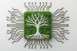 A circuit board design showcases a tree surrounded by green moss in a central square. This artwork emphasizes the relationship between technology and nature, blending elements together. photo