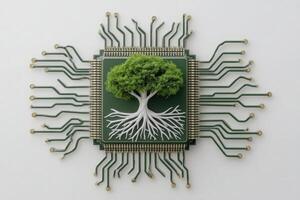 A green circuit board features a realistic tree emerging from its center, symbolizing the harmony between technology and nature. photo