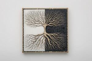 This sculpture illustrates a tree with intricate roots on one side, transitioning into a network of circuits on the other. The contrast of natural and artificial elements highlights coexistence. photo