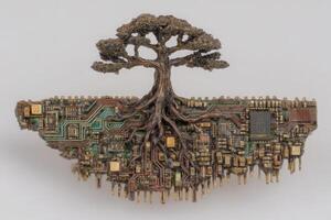 A detailed sculpture features a tree emerging from a circuit board, intertwining the organic and technological. The intricate design showcases a harmony between nature and digital elements. photo