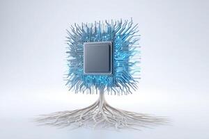 A unique design features a microchip resembling a tree with roots extending below, symbolizing the connection between technology and nature. photo