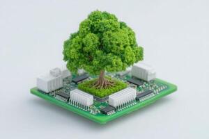A detailed circuit board supports a vibrant green tree, highlighting the blend of nature and technology. This inspiring visual represents sustainability in tech innovations. photo
